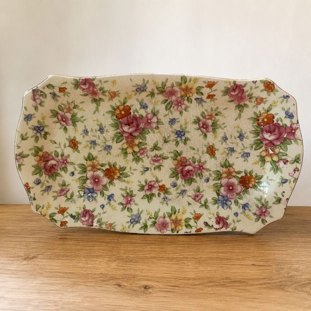 Moriyama MM Japan Vintage Chintz Floral Tray Pink Rose Cottagecore Romantic 8”